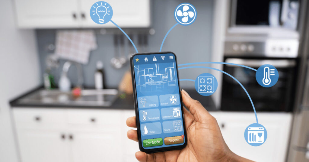 Smartphone showing connection to smart devices like smart lights, smart thermostat, and more.