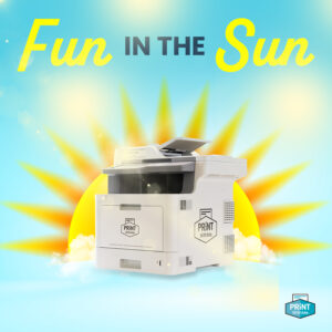 A printer in front of a rising sun