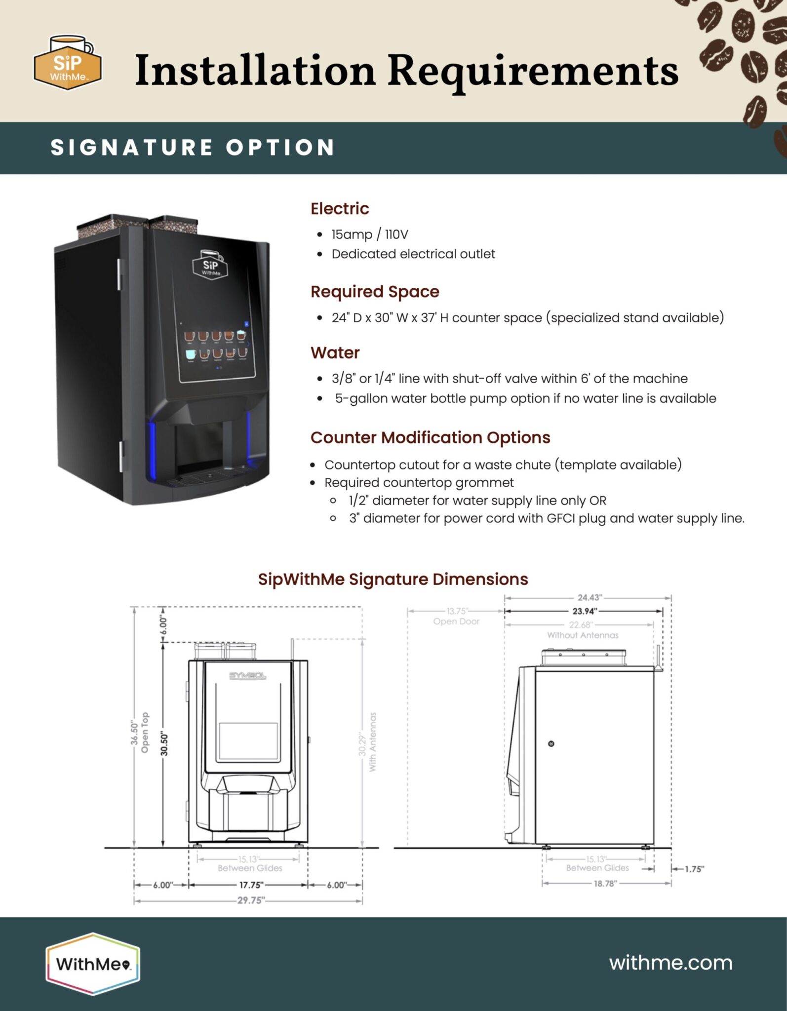 sipwithme signature coffee amenity installation requirements