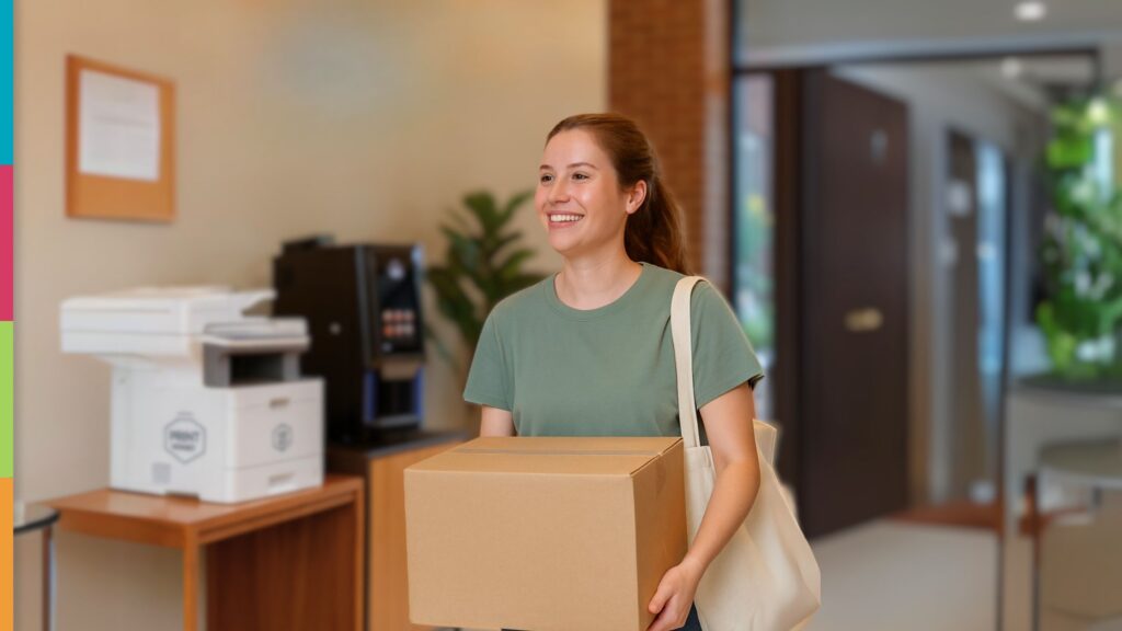 Smiling woman carrying a cardboard moving box through an apartment building lobby, with a self-serve coffee machine and printer visible in the background.