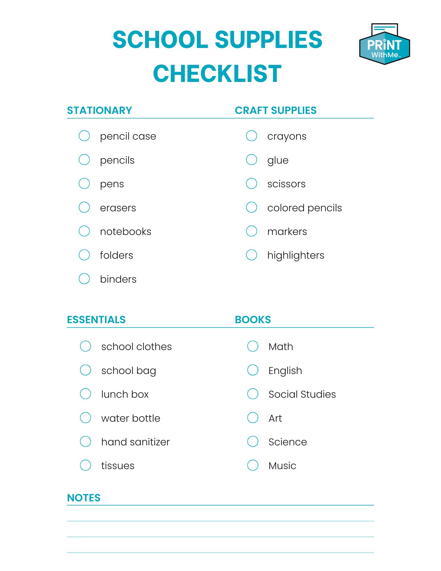 School Supplies Checklist