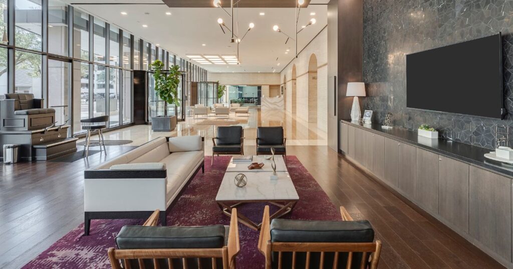 A modern, high-end office lobby at Sherry Lane Place