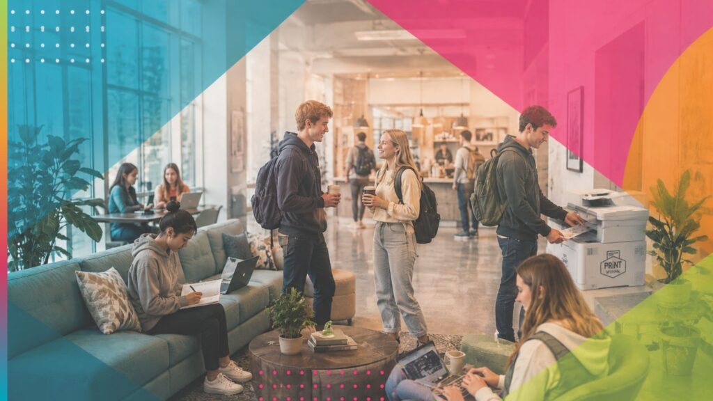 Students using PrintWithMe and SipWithMe amenities inside a modern student housing community.