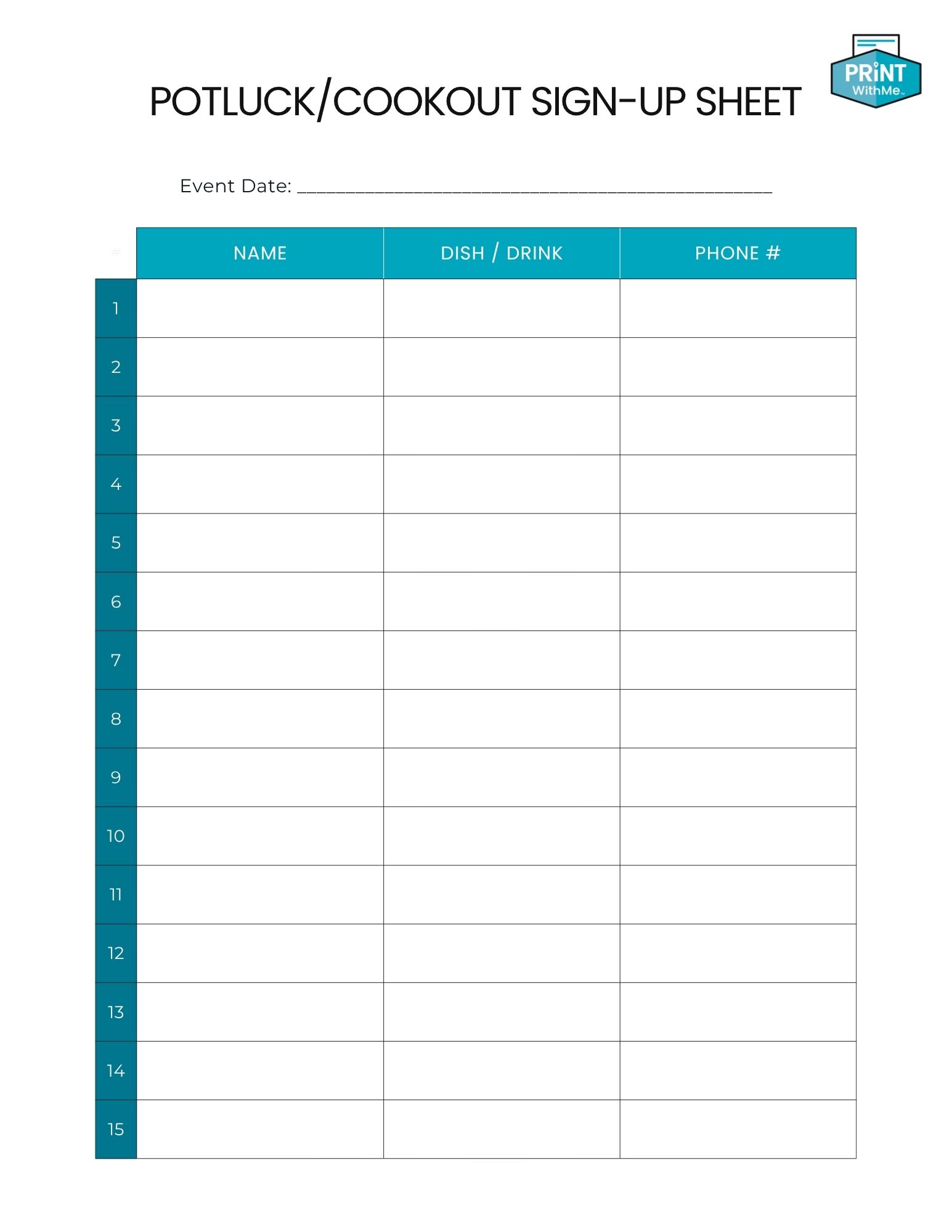 Cookout Sign Up Sheet