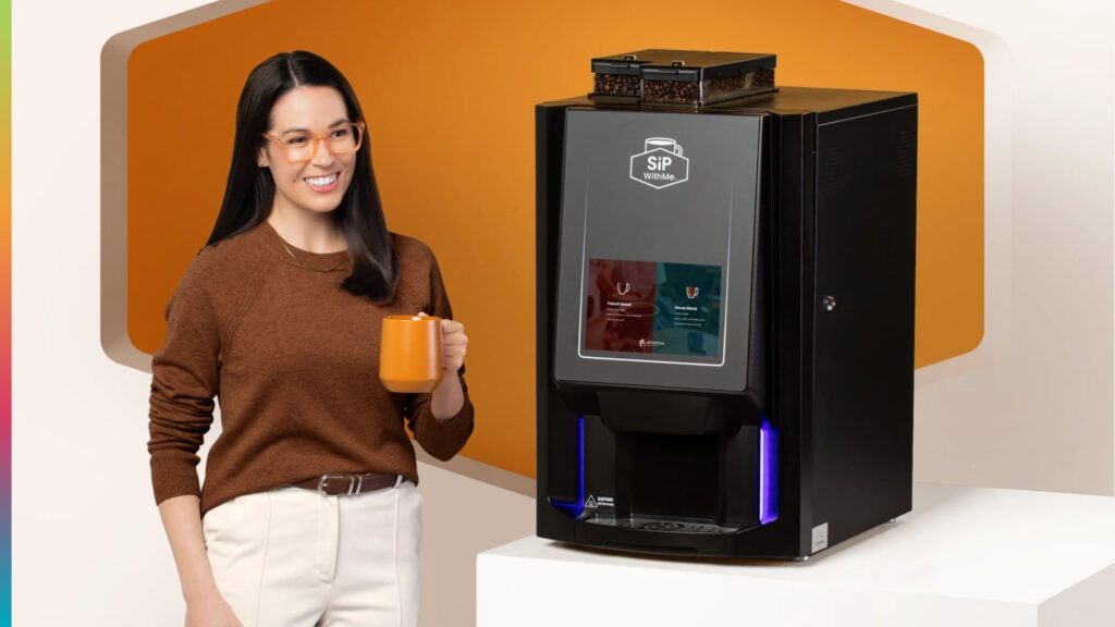 Modern coffee machine for hotels serving premium coffee in a stylish hotel lobby