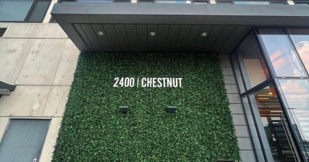 Entrance to 2400 Chestnut in Philadelphia, featured in a PrintWithMe and SipWithMe case study