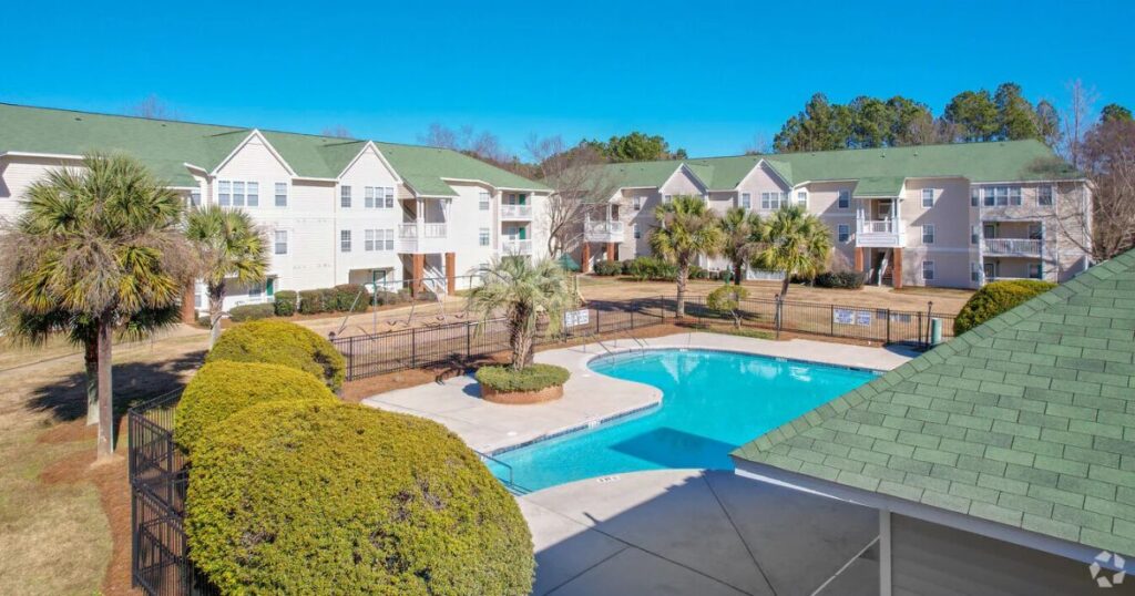 Apartment buildings and swimming pool at Companion at Carter Mill