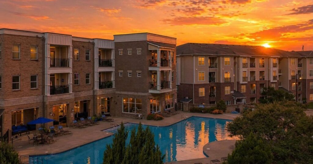 Apartment buildings surrounding the pool at Main Street Square in Holly Springs, North Carolina, at sunset.