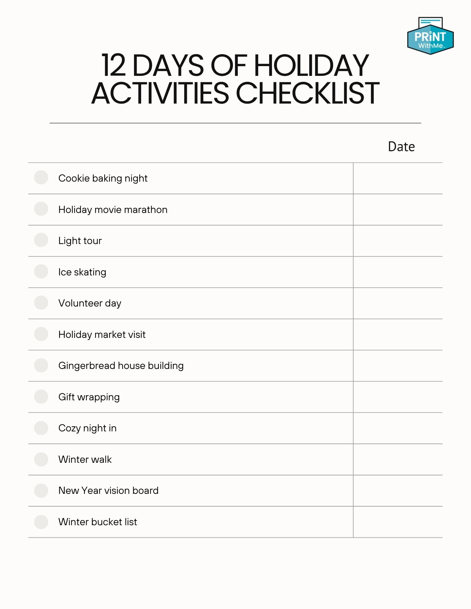 12 Days of Holiday Activities Checklist