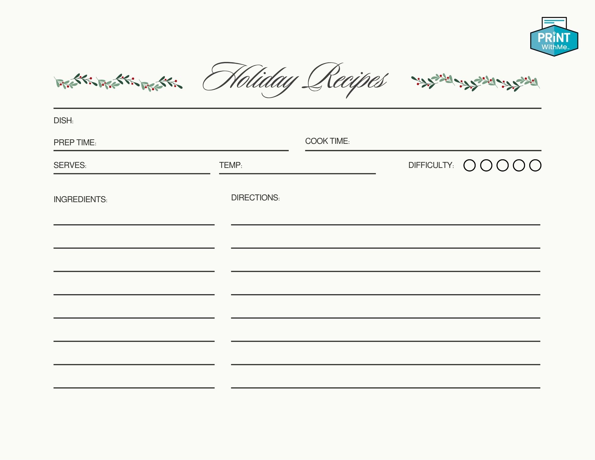 Holiday Recipe Card Template 